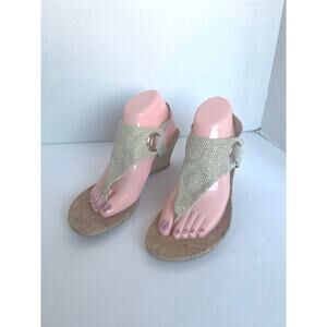White Mountain Aida Sparkly Gold Tan Thong Cork Wedge Elastic Straps Sandal Sz 9